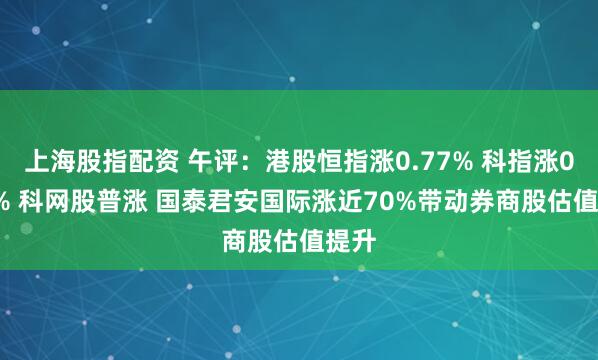 上海股指配资 午评：港股恒指涨0.77% 科指涨0.81% 科网股普涨 国泰君安国际涨近70%带动券商股估值提升